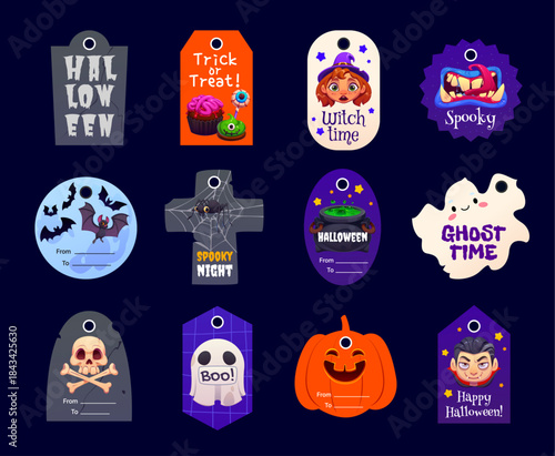 Happy Halloween gift tags and labels with smiling pumpkins, creepy mouth, spooky witches and flying bats. Vector ghost and vampire gift tag characters for Halloween holiday and trick or treat party