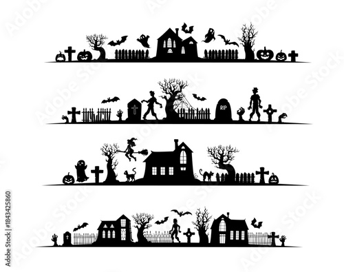 Halloween separators, borders, dividers vector spooky haunted houses, graveyard crosses, pumpkins. Zombie, bats or witch on broom, black cats and ghostly trees, invitation eerie dividers for Halloween