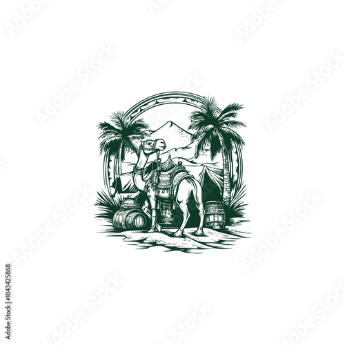 Vintage camel in the desert with saddle and tents in hand-drawn woodcut engraving style isolated on white background