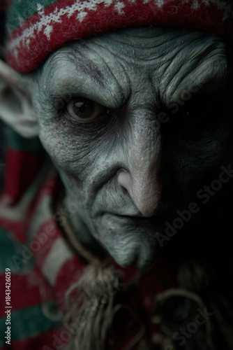 xmas fantasy, creepy elf with long ears closeup, winter, celebrate, christmas, christian, x-mas, noel, nativity, holiday, portrait format, photorealistic