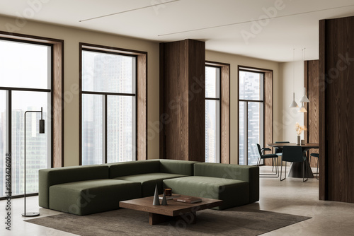 Modern minimalist living room and dining area design with urban cityscape background through tall windows, featuring wood and green interior concept. 3D Rendering
