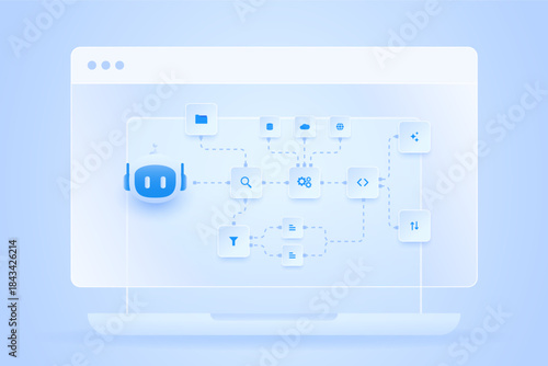 AI workflow automation artificial intelligence. ai agent network diagram dashboard machine learning flow with data sources, filtering nodes, search function, coding steps, and automation system.