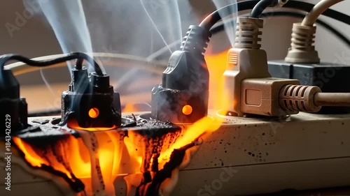 Electrical Fire Hazard - Overloaded Power Strip Catches Fire.