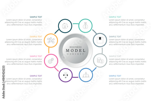 Simple concept for business model diagram with eight steps and place for your description. Flat infographic design template for website or presentation.