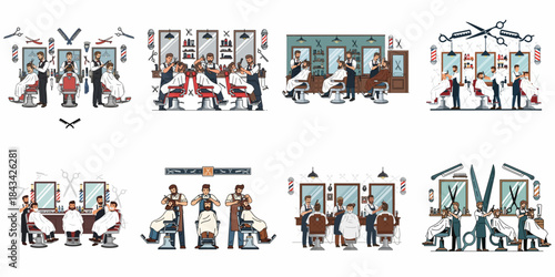 Vector set of vintage barbershop scenes with professional barbers working on clients for grooming, haircut, and beard trim services.
