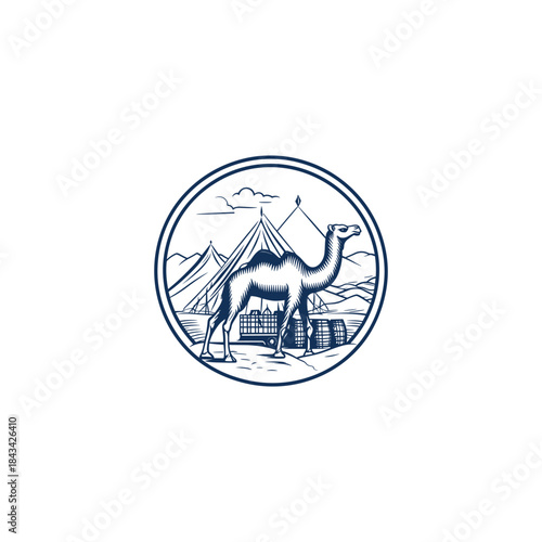 Vintage camel in the desert with saddle and tents in hand-drawn woodcut engraving style isolated on white background