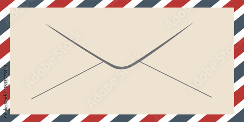 Air mail letter. Post stamp. Airmail frame postcard. Blue red stripes pattern.