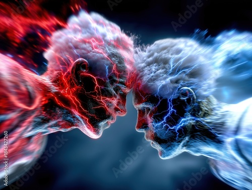 abstract energy collision red blue smoke power force clash motion light dark contrast tension chaos concept