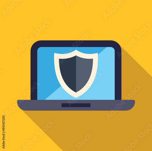 Laptop displaying a shield icon, representing online data security and network protection concept