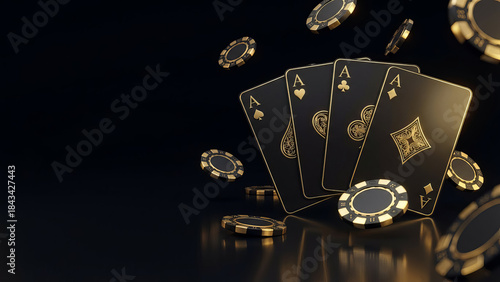 Black and gold poker playing cards (Four Aces) with casino chips floating on dark background.