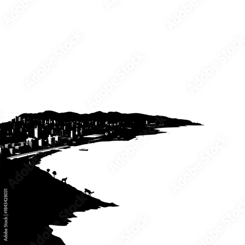 Coastal Cityscape Silhouette with Beach and Green Area