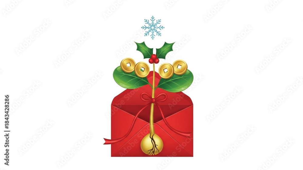 Fototapeta premium Red Christmas Gift Box with Holly Gold Bells and Snowflake