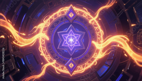 The illustration is a geometric circle with runes and a luminous and pulsating energy stream ideal for fantasy illustrations and game interfaces. Vector graphics. EPS_03.