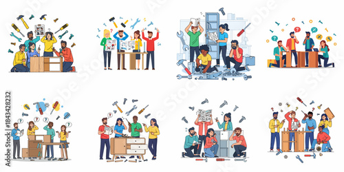 Struggling to build furniture collection: Diverse groups of people looking confused and frustrated while assembling flat-pack items with manuals, highlighting DIY difficulties.