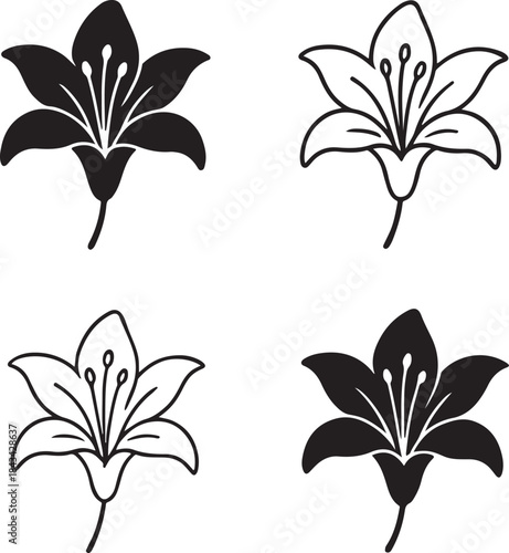 Isolated Lily Flower Icon, Lily Flower Silhouette, Elegant Lily Flower Blossom, Lily Floral Icon For Branding, Solid Black Lily Icon, Clean Minimal Vector Illustration
