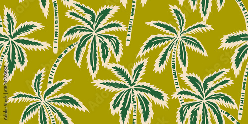 Tropical seamless pattern with hand drawn palm trees. Hawaiian florals summer background for fabric, textiles, clothing, poster, cover, decoration, banner, wallpaper, interior. Vector illustration.