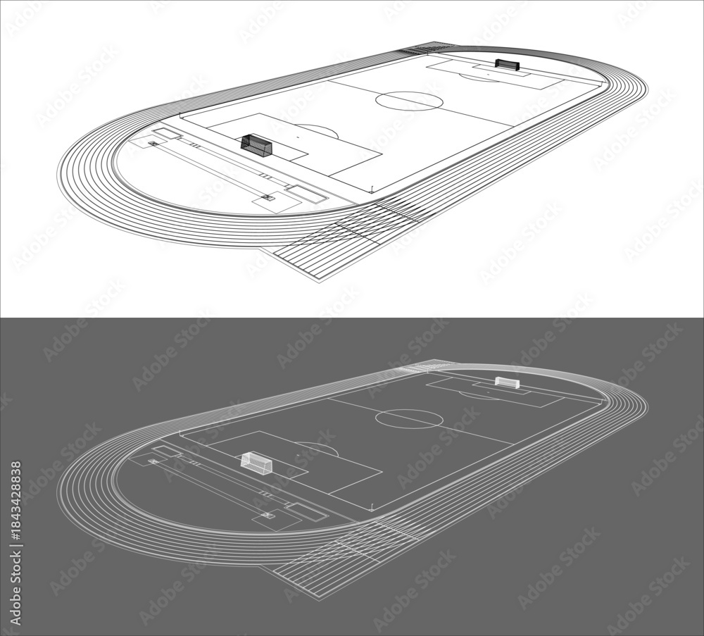 Fototapeta premium Isometric Soccer Football Stadium Field Wireframe Blueprint Illustration