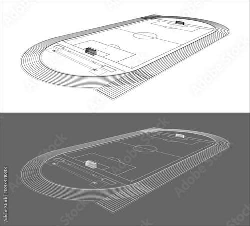 Isometric Soccer Football Stadium Field Wireframe Blueprint Illustration