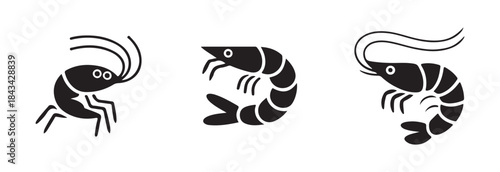 Variety of three black silhouette icons depicting different shrimp or prawn species in various stylized positions