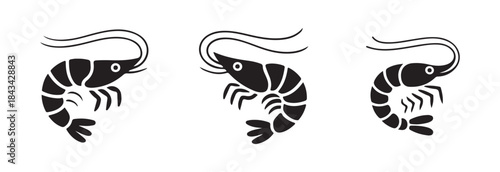 Black and white simple silhouette icons set of shrimp animals collection for food design illustration