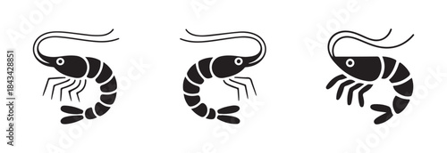 Set of three stylized black shrimp icons in different curved positions for restaurant menu or seafood graphic elements