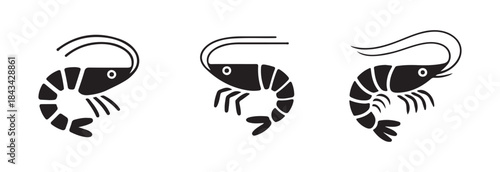 Three distinct black and white icons representing shrimp with varying body shapes and antennae details for graphics