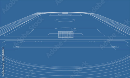 Behind Goal Post View of Soccer Football Field Wireframe
