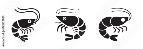 Set of three black vector graphics depicting shrimp with stylized curved bodies and prominent antennae for recipes