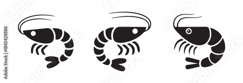 Collection of three stylized black silhouette icons representing different shrimp or prawn crustaceans