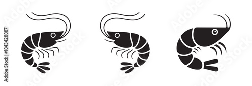 Group of three distinct black icons depicting various styles of curved shrimp or prawn shellfish