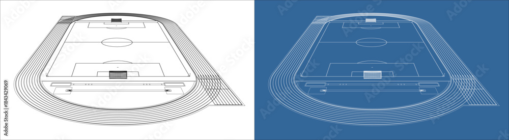 Fototapeta premium Low Angle Perspective of Soccer Football Field Wireframe Illustration