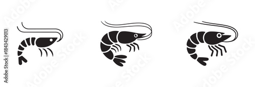 Assortment of three black shrimp icons demonstrating different levels of detail in minimalist vector illustration