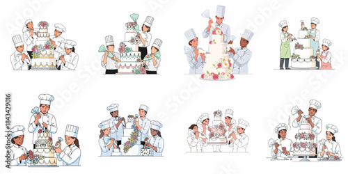 Professional chefs and bakers decorating multi-tiered wedding and celebration cakes with intricate icing and sugar flowers, teamwork illustration set.