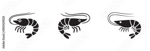 Six black silhouette icons showing different styles of shrimp or prawn illustrations isolated on white background