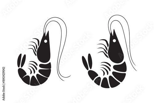Two black silhouette icons depicting different poses of whole shrimp or prawn with long antennae detail