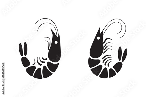 Two stylized black silhouette icons of curled shrimp or prawn showing segmented body parts and tails