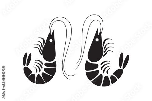 Two black silhouette shrimps facing each other with long antennae forming an elegant shape
