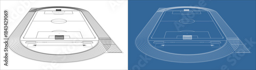 Low Angle Perspective of Soccer Football Field Wireframe Illustration