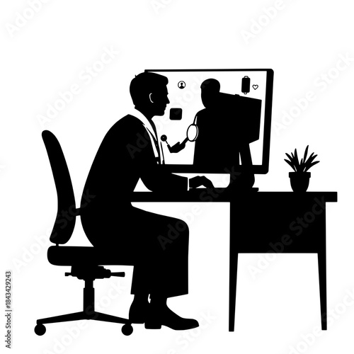 Doctor Using Telehealth on Desktop PC Silhouette