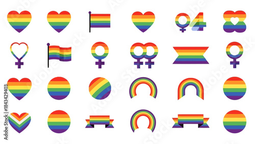 Collection of Rainbow Pride Icons: Hearts, Flags, Symbols, and Ribbons for LGBTQ+