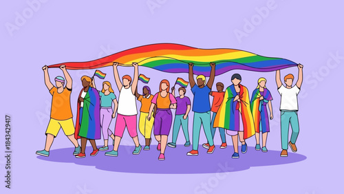 Diverse Group of People Holding a Rainbow Pride Flag During a Parade