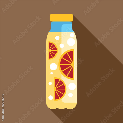 Bottle of fresh citrus fruit juice with bubbles on a brown background