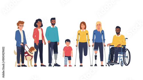 Diverse Group of People with Disabilities and Assistance Dog Vector Illustration