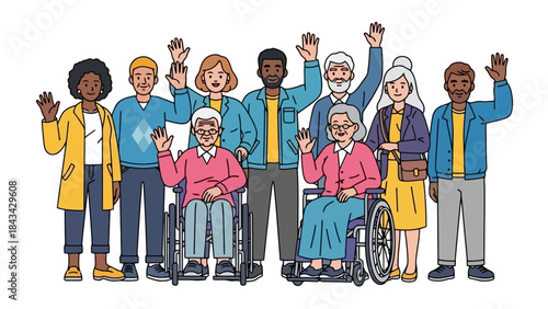 Diverse Group of People Waving Hello, Representing Inclusivity and Community Spirit