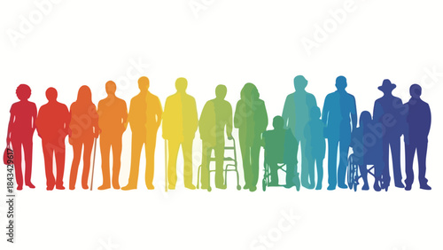 Diverse Group of People in Silhouettes with Rainbow Gradient, Representing Inclusion
