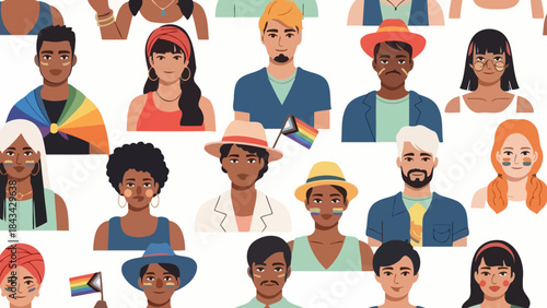 Diverse people celebrating pride and diversity with rainbow flags and symbols