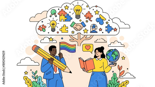 Diverse People Collaborate on Ideas and Global Education with Creative Symbols