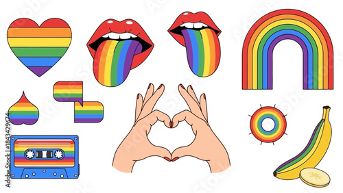 Rainbow Pride Icons Collection: Heart, Lips, Rainbow Arch, Cassette, Hands