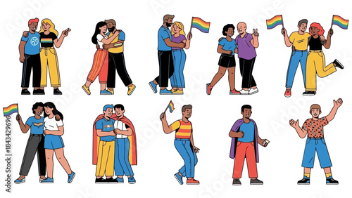 Diverse Group of People Celebrating Pride Month with Rainbow Flags - Vector Art
