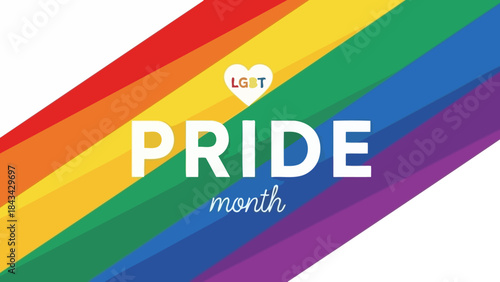 Vibrant Rainbow Pride Month Text and Heart with LGBT Symbol Overlay